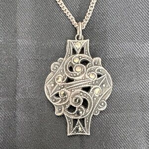 Vintage Sterling Marcasite pendant and chain  Intricate  Necklace